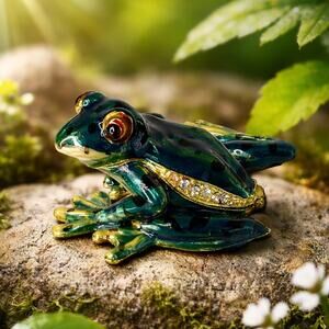 Vintage Enamel Jeweled Frog Trinket Box Green Gold Hinged Magnetic Cute Decor